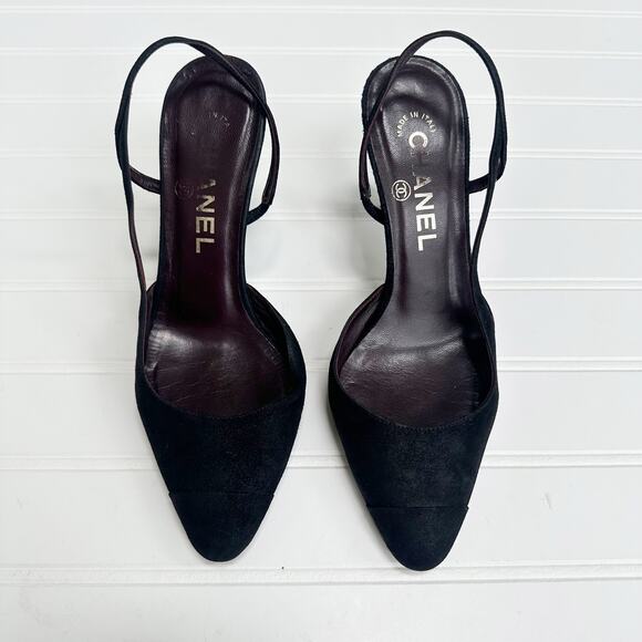 Chanel Slingback Heels Suede Cap Toe Black Gold Emblem CC Heel 36.5 - Picture 1 of 11